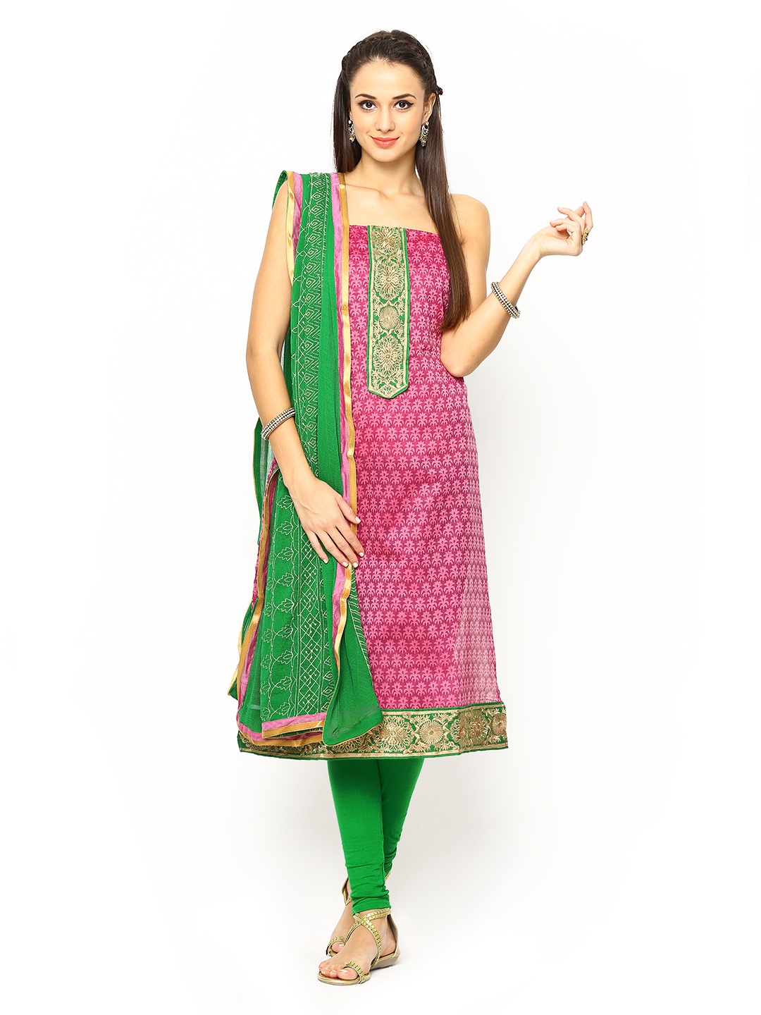 myntra span pink green printed unstitched dress material myntra span pink green printed unstitched dress material