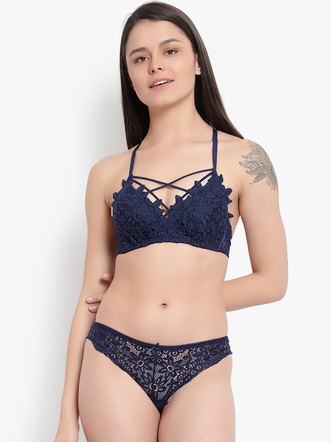 Buy Brachy Women Navy Blue Lace Self Design Lingerie Set Bca