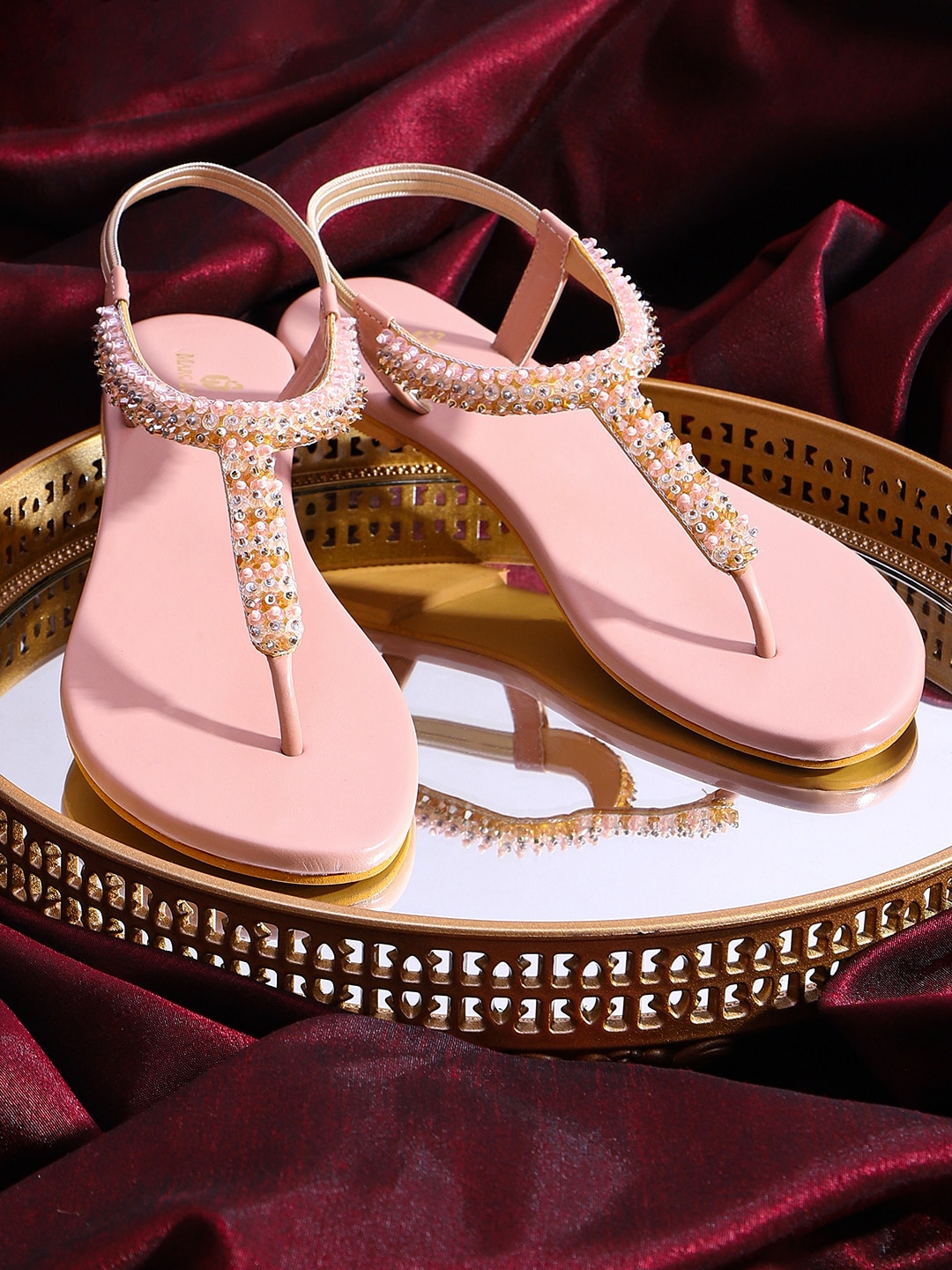 Buy Marc Loire Women Nude Coloured Embellished Ethnic T Strap Flats