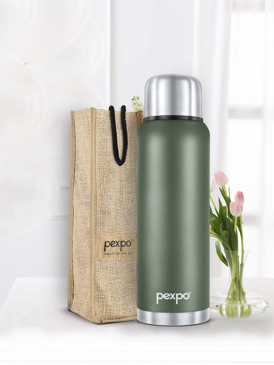 Buy Pexpo Flamingo Green ISI Certified Thermosteel Hot Cold Insulated Water Bottle 1 5L