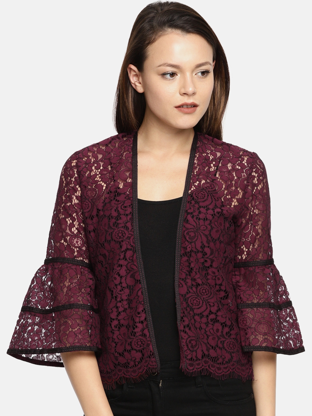 Buy Code By Lifestyle Maroon Self Design Open Front Shrug Shrug For
