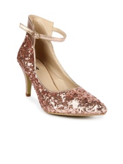Jove Women Pink & Gold-Toned Sequinned Heels