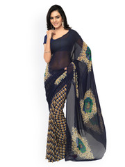 Ligalz Navy Chiffon Printed Saree