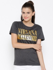 Nirvana Women Charcoal Grey Printed Round Neck T-shirt