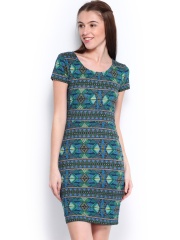 Jealous 21 Green & Blue Printed Sheath Dress