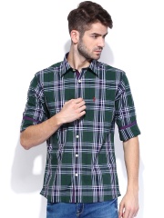 Burnt Umber Men Green & White Checked Slim Fit Casual Shirt