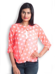 499 Women Orange & White Polka Dotted Sheer Top