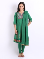Anouk Bottle Green Embroidered Churidar Kurta With Dupatta