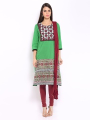 Anouk Rustic Women Green & Maroon Printed Churidar Kurta with Dupatta