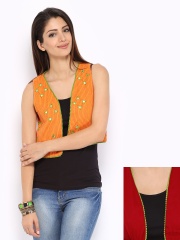 Anouk Rustic Reversible Women Orange Hand Mirror Work Waistcoat