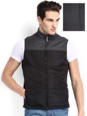 Arrow New York Men Black & Charcoal Grey Woollen Sleeveless Reversible Jacket