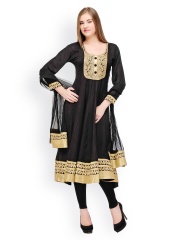 Aujjessa Women Black Net Anarkali Churidar Kurta with Dupatta