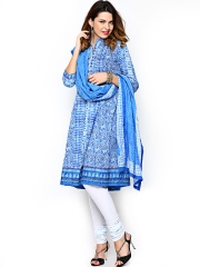 BIBA Women Blue & White Printed Anarkali Churidar Kurta with Dupatta