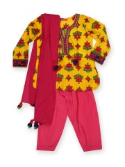 BIBA Girls Yellow & Pink Printed Salwar Kurta with Dupatta