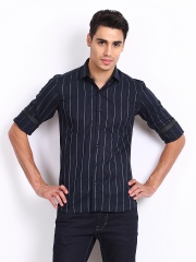 Black Coffee Men Navy Striped Club Fit Casual Shirt