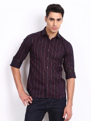 Black Coffee Men Purple & Red Striped Club Fit Casual Shirt