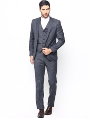 Blackberrys Men Grey Striped Woollen Formal Suit with Waistcoat