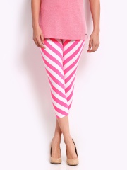 Blue Stripes Women White & Pink Striped Cotton Stretch Capri Leggings