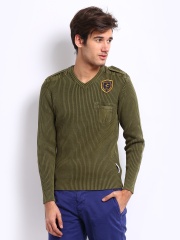Breakbounce Men Olive Green Breezy Buddy Regular Fit Sweater