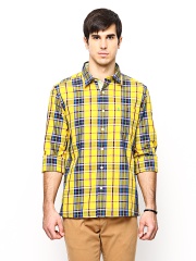 Burnt Umber Men Yellow & Blue Checked Slim Fit Casual Shirt