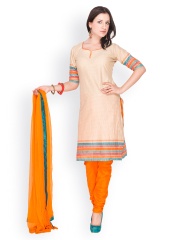 EthnicQueen Women Beige & Orange Checked Churidar Kurta with Dupatta
