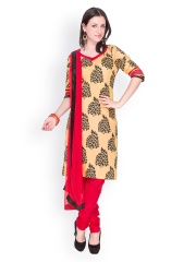 EthnicQueen Women Beige & Red Printed Churidar Kurta with Dupatta