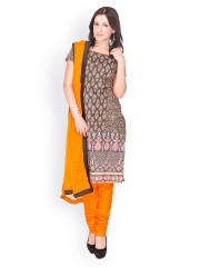 EthnicQueen Women Black & Orange Printed Churidar Kurta with Dupatta