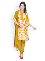 EthnicQueen Women White & Olive Green Printed Churidar Kurta with Dupatta