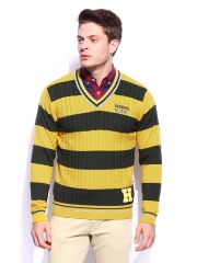 HARVARD Men Yellow & Olive Green Rugby Slim Fit Striped Pullover Sweater