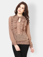 Harpa Women Beige & Black Polka Dot Printed Top