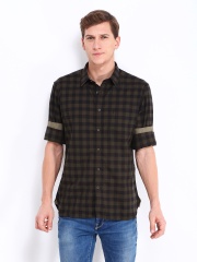 Indian Terrain Men Brown & Black Checked Slim Fit Casual Shirt