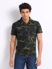 John Players Men Green Camouflage Print Polo T-shirt
