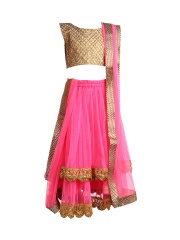 K&U Girls Fluorescent Pink & Beige Lehenga Choli with Dupatta