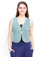 Oxolloxo Women Teal Green Printed Waistcoat