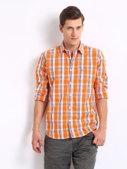 Parx Men Orange & Blue Checked Slim Fit Casual Shirt