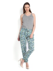 People Women Grey Melange & Teal Blue Printed Jumpsuit