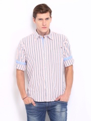 Pepe Jeans Men Peach Coloured & White Striped Semi Fit Casual Shirt