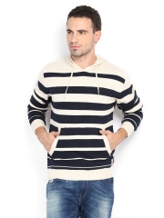 Pepe Jeans Men Cream-Coloured & Navy Striped Hooded Sweater