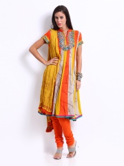 Rain & Rainbow Women Mustard Yellow & Orange Anarkali Churidar Kurta Set