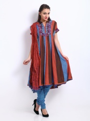 Rain & Rainbow Women Coral Pink & Blue Anarkali Churidar Kurta Set