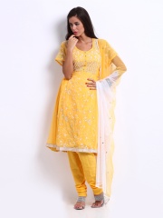 Rain & Rainbow Women Yellow Embroidered Churidar Kurta with Dupatta