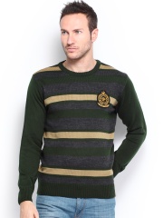 Roadster Men Olive Green & Grey Striped Sweater