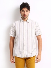 Scullers Men White & Brown Striped Slim Fit Casual Shirt