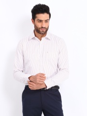 The Privilege Club Men White & Peach Coloured Striped Slim Fit Casual Shirt