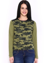 Tokyo Talkies Women Olive Green Printed Sweater