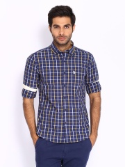 U.S. Polo Assn. Men Blue & Yellow Checked Tailored Fit Smart-Casual Shirt