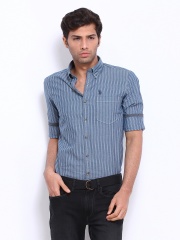 U.S. Polo Assn. Men Blue Striped Slim Fit Casual Shirt