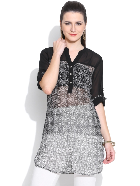 Rain & Rainbow Black Printed Polyester Sheer Kurta
