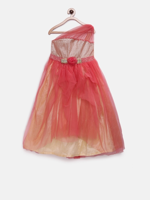 Pink Cow Girls Coral Pink & Gold-Coloured Colourblocked Layered Fit and Flare Dress
