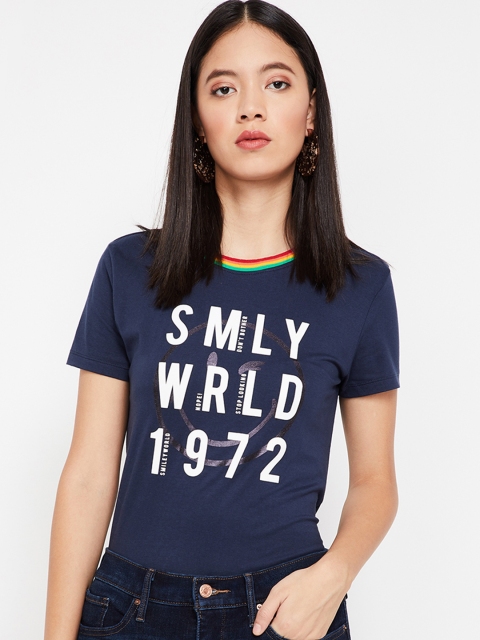 Smiley World Women Navy Blue Printed Round Neck T-shirt